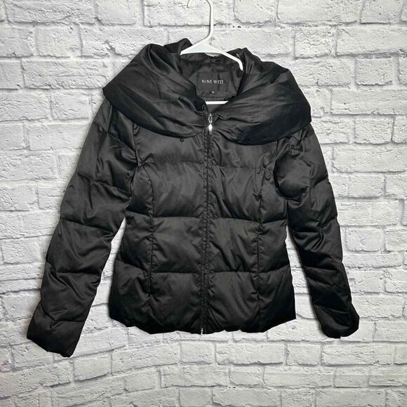 Nine West Coat Womens Medium Black Down Feather Pillow Collar Puffer‎ - Picture 1 of 6